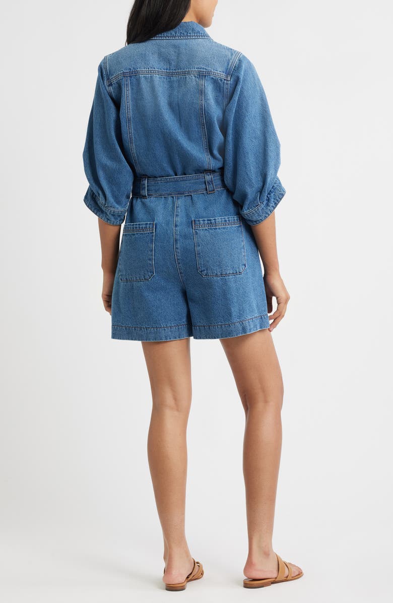 Wit & Wisdom Barrel Sleeve Tie Waist Denim Romper, Alternate, color, Mid Blue