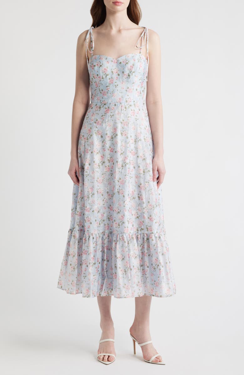 Lulus Alexia Floral Tie Strap Midi Dress, Main, color, Light Blue Floral