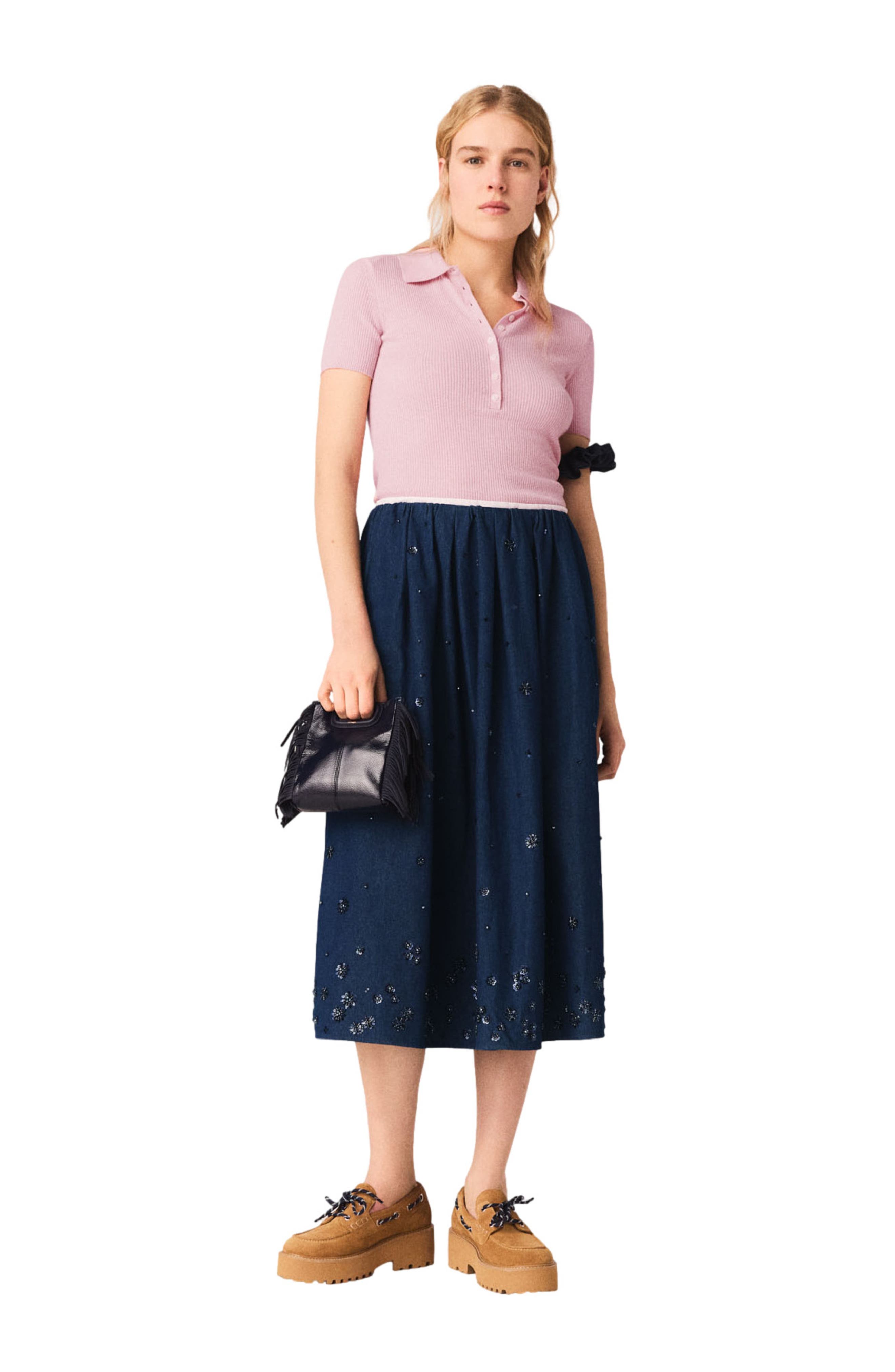 Embroidered denim midi skirt