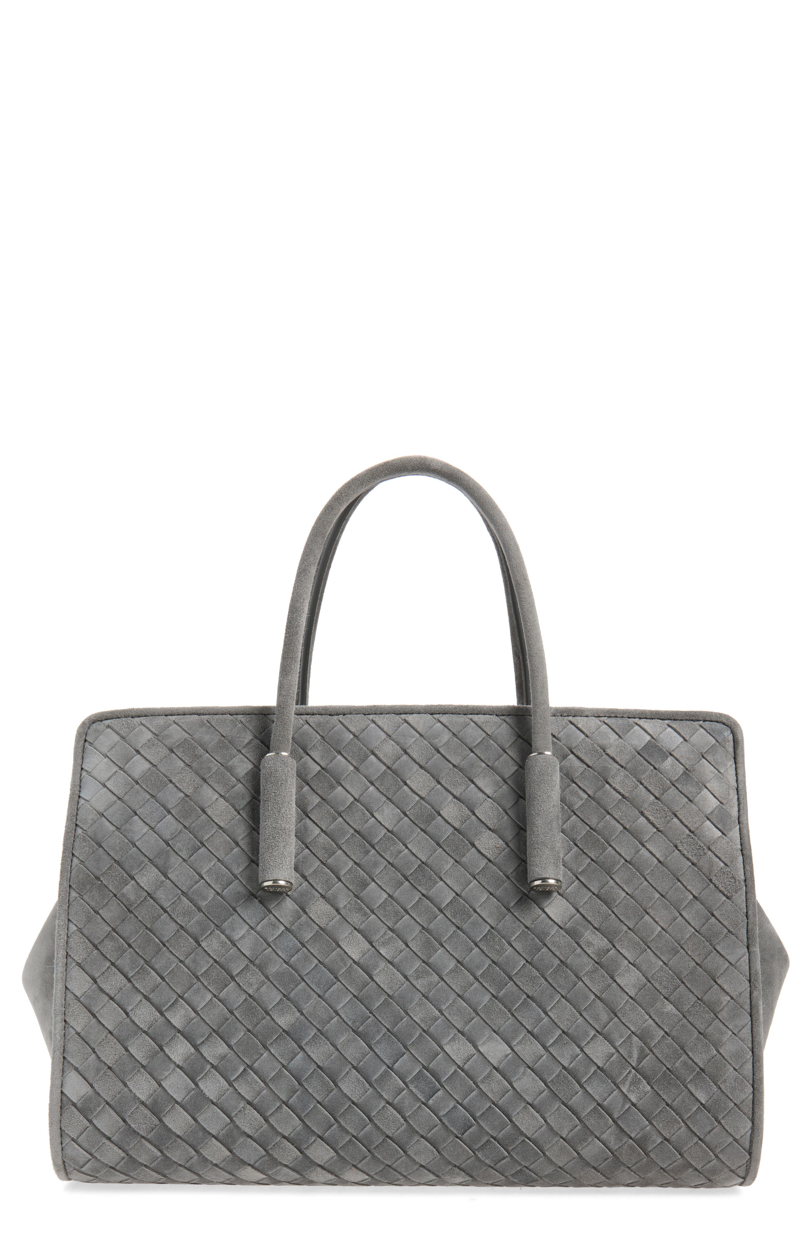Barbara Intrecciato Suede Tote, Main, color, 1689 OBSIDIAN GREY/ SILVER