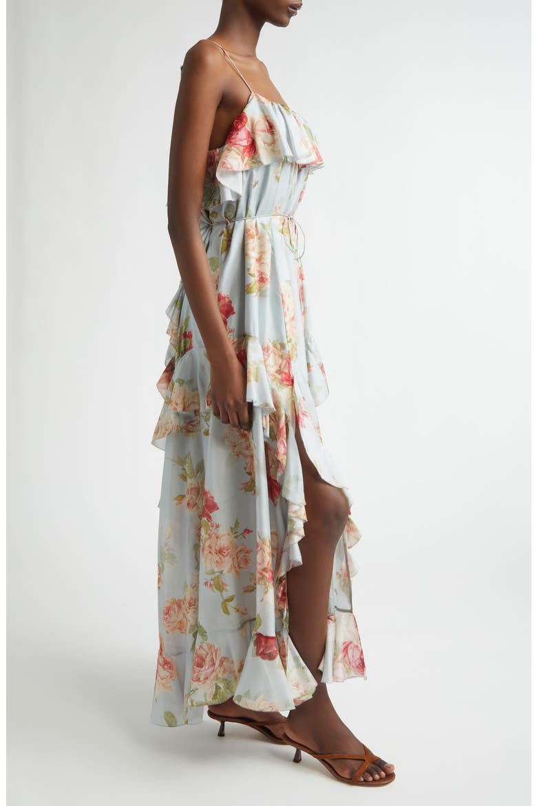 Roselight Frill Silk Habutae Maxi Dress, Alternate, color, BLUE ROSE FLORAL