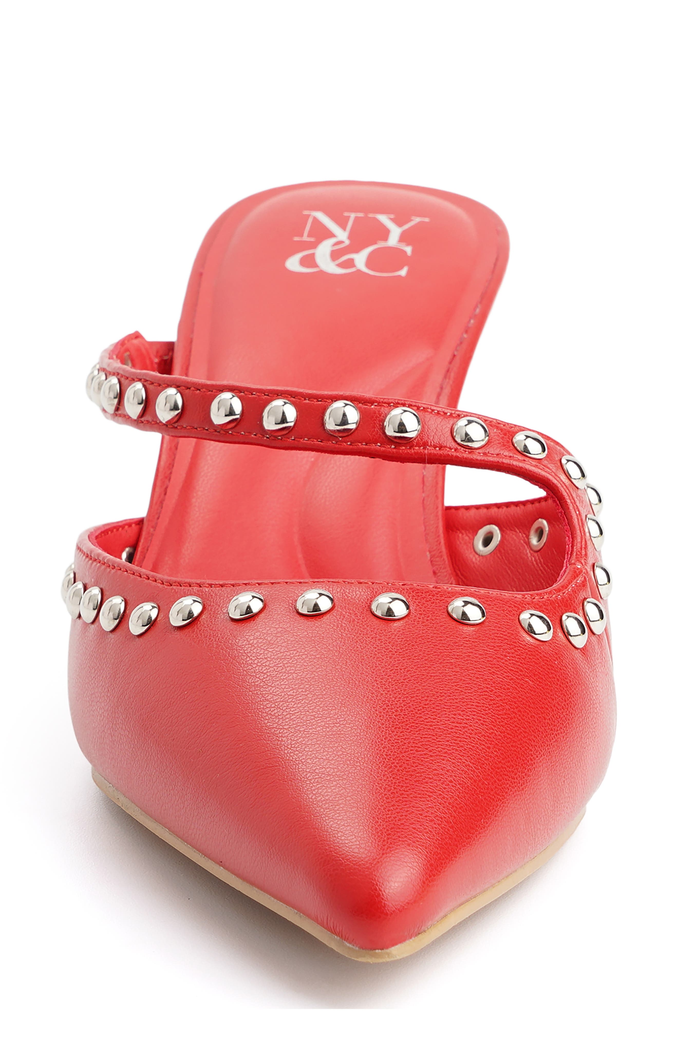 Natalie Studded Faux Leather Heeled Mule, Alternate, color, RED