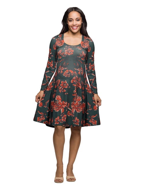 24seven Comfort Apparel Long Sleeve Fit And Flare Dress In Multi