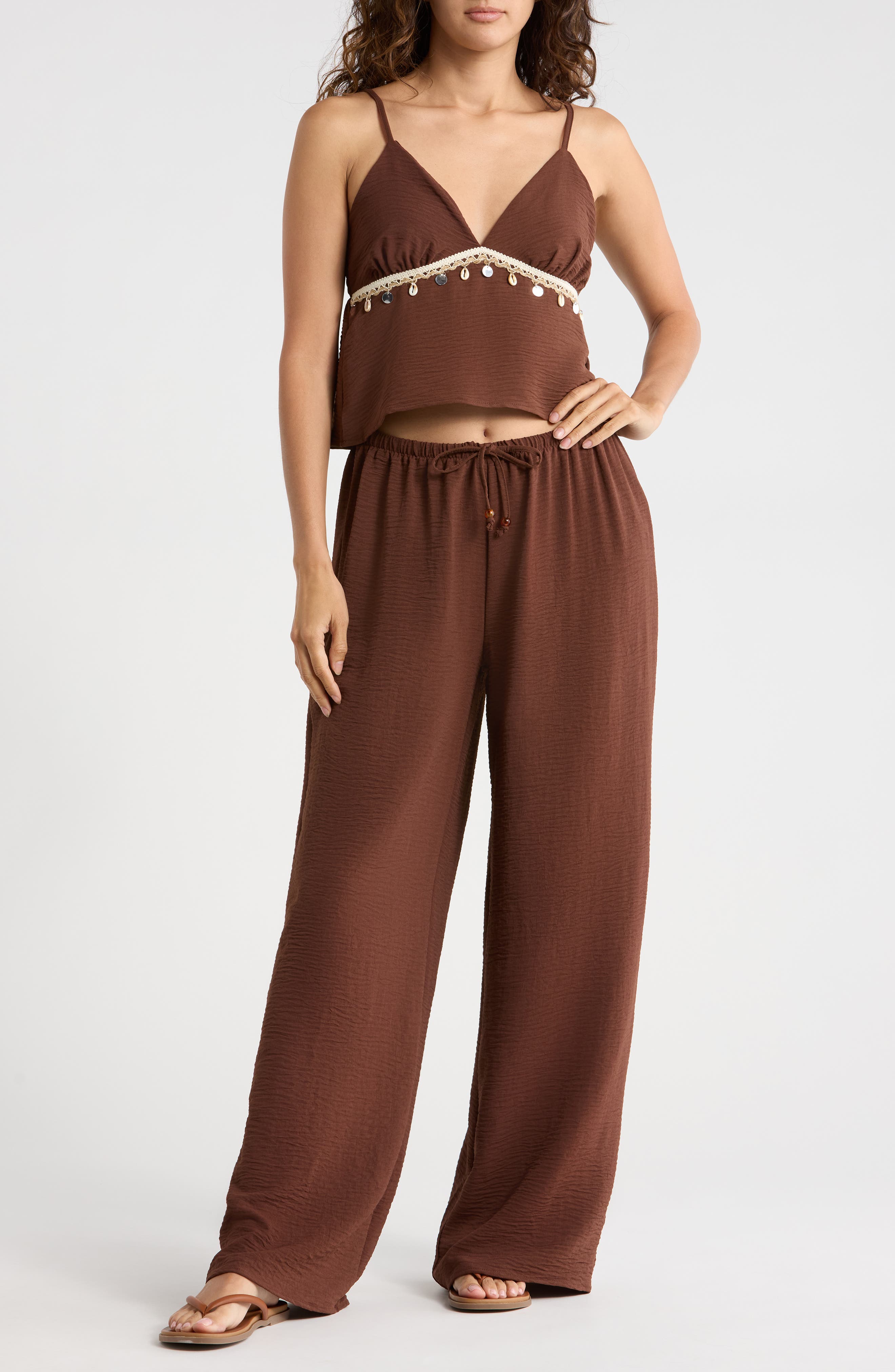 Madden Girl Seashell Trim Babydoll Camisole & Wide Leg Pants Set