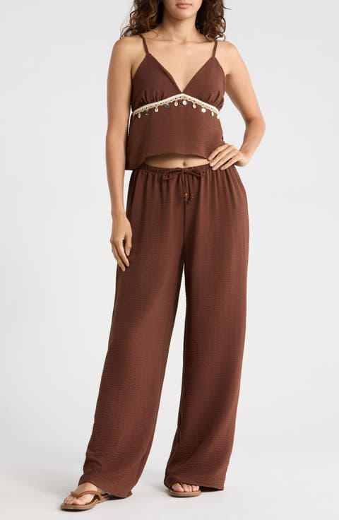 Seashell Trim Babydoll Camisole & Wide Leg Pants Set