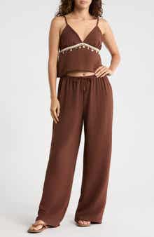 Madden Girl Seashell Trim Babydoll Camisole & Wide Leg Pants Set