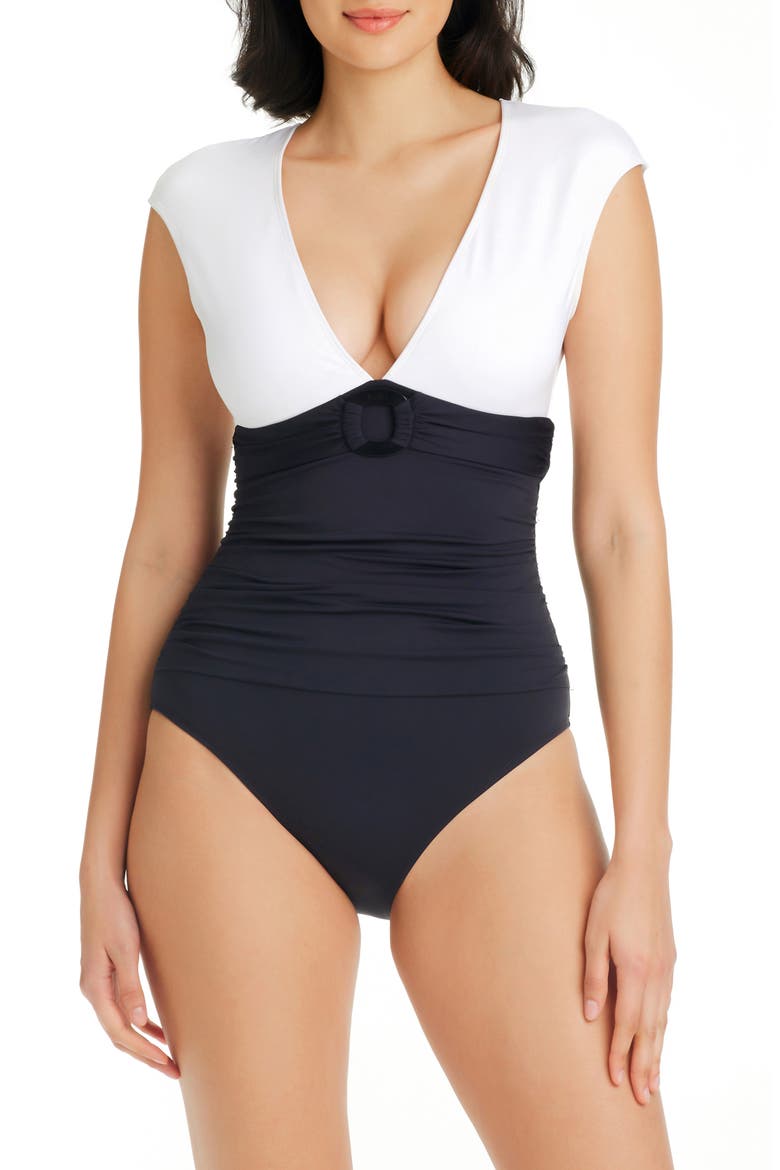 Graphic Measures Cap Sleeve One-Piece Swimsuit, Alternate, color, WHITE