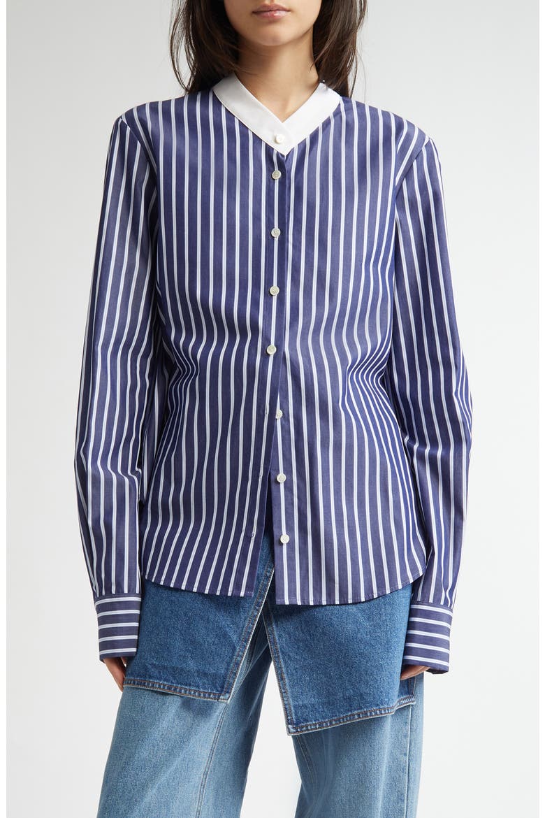 Non-Collar Stripe Cotton Button-Up Shirt, Main, color, NAVY