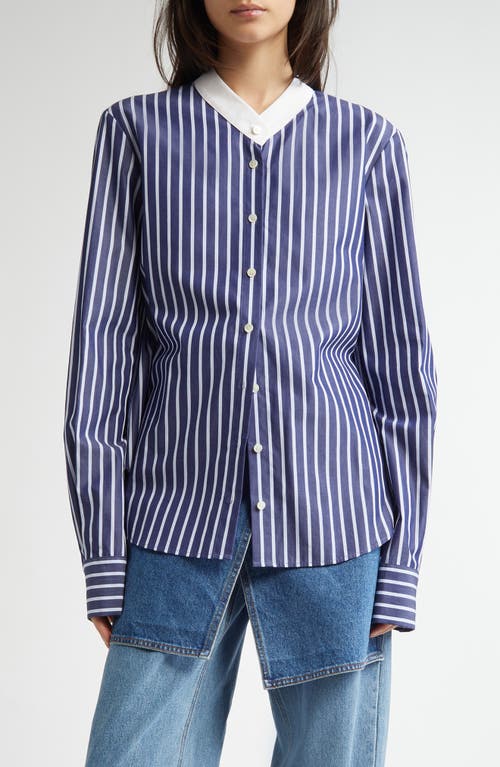 EENK EENK NON-COLLAR STRIPE COTTON BUTTON-UP SHIRT 