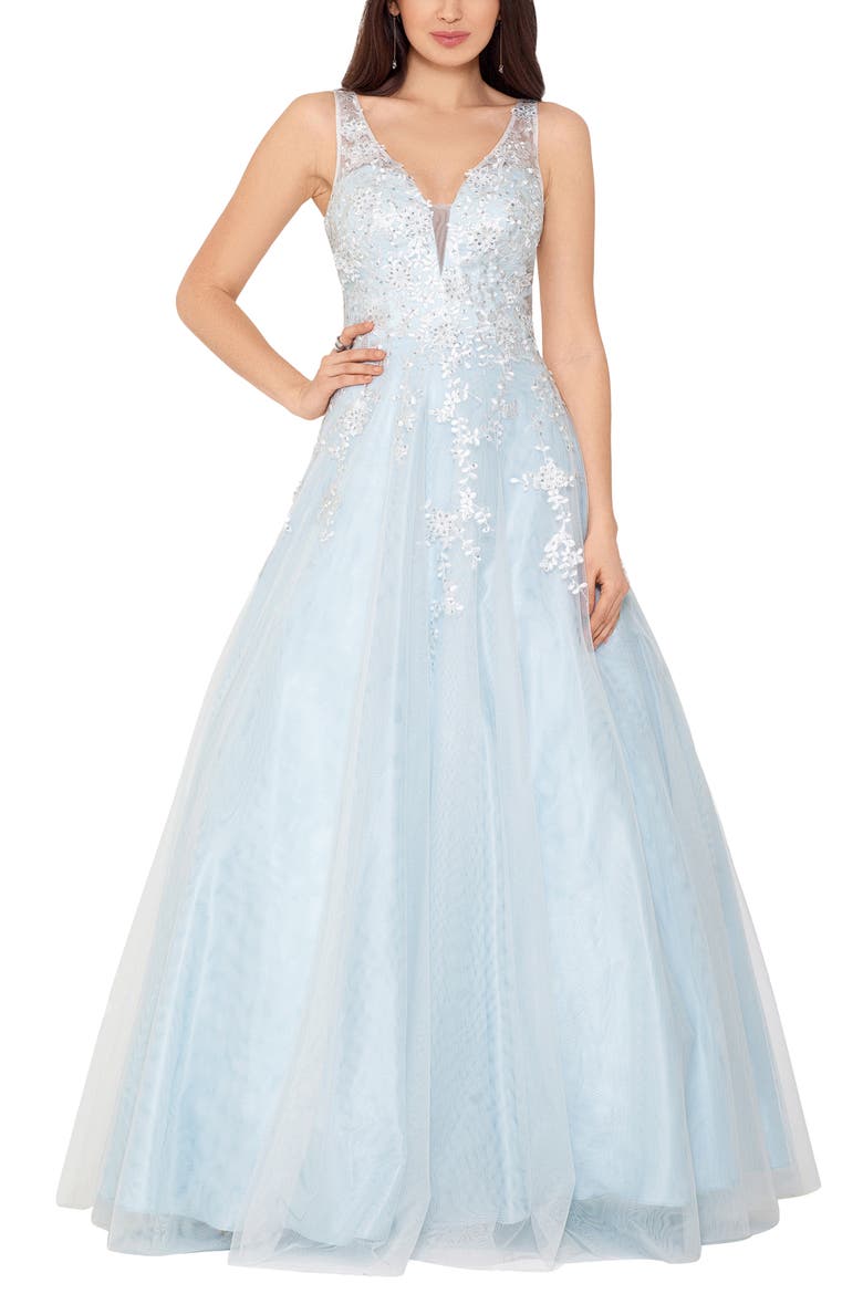 Xscape Embroidered Chiffon Ballgown, Main, color, IVORY/ BLUE