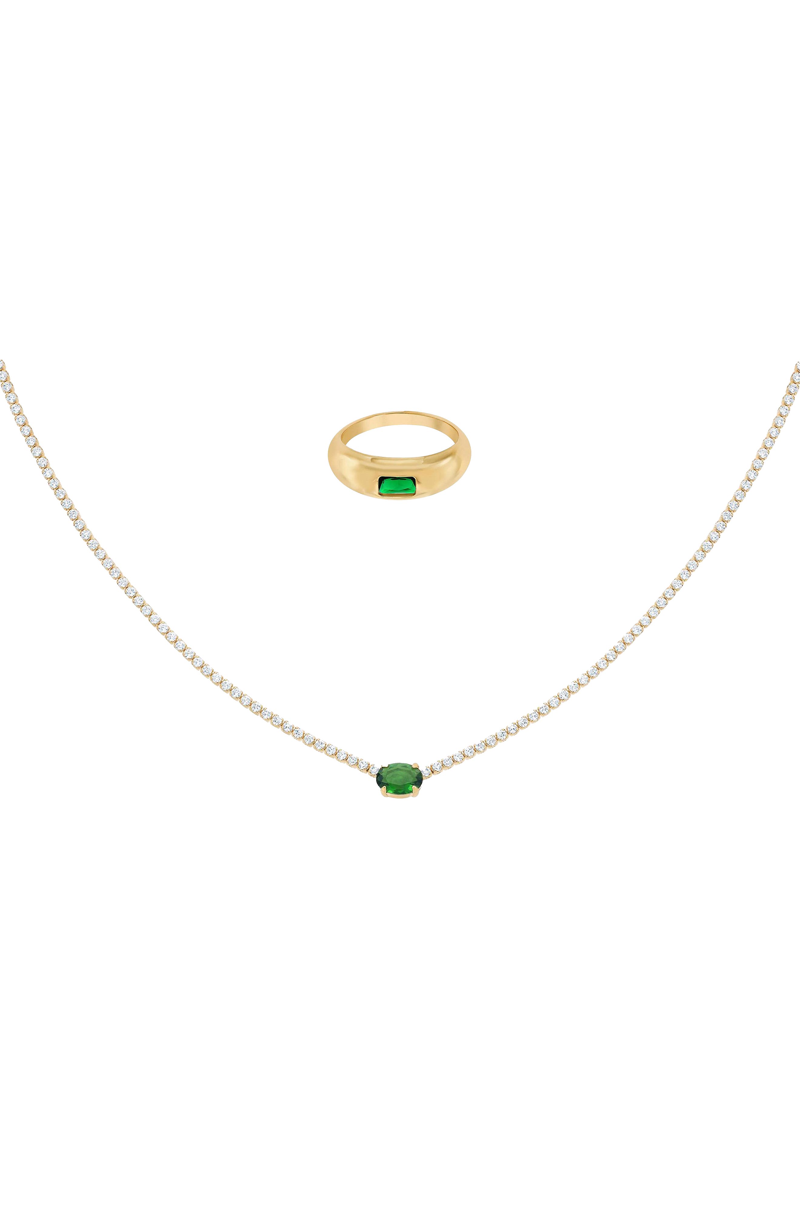 Bearfruit Jewelry 18k Gold Plated Sterling Silver Emerald Rectangle Necklace & Ring Set Holiday Gift