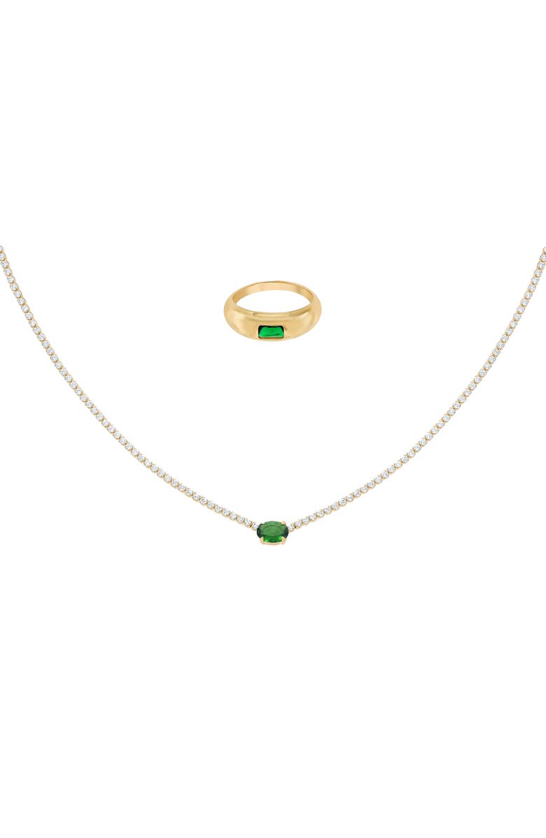 Bearfruit Jewelry 18k Gold Plated Sterling Silver Emerald Rectangle Necklace & Ring Set Holiday Gift Guide, Main, color, Gold