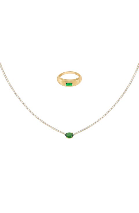 18k Gold Plated Sterling Silver Emerald Rectangle Necklace & Ring Set Holiday Gift Guide