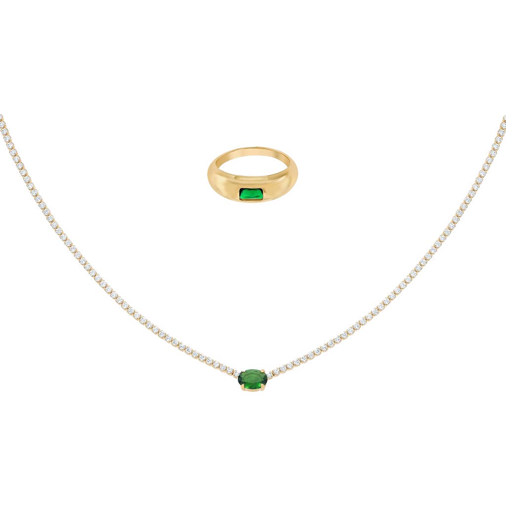 Bearfruit Jewelry 18k Gold Plated Sterling Silver Emerald Rectangle Necklace & Ring Set Holiday Gift