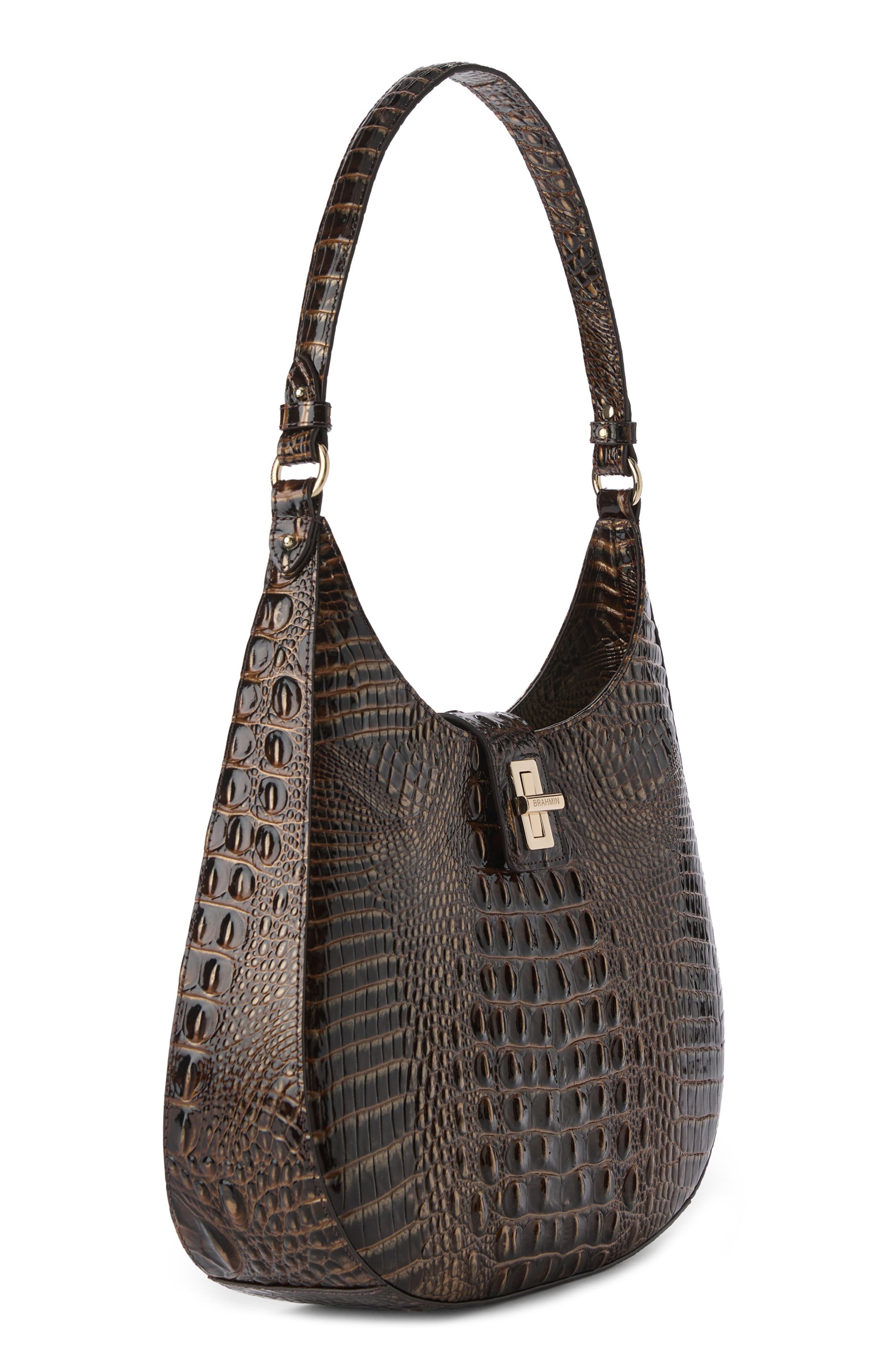 Brahmin Fallon Croc Embossed Leather Shoulder Bag, Alternate, color, Chocolate Melbourne