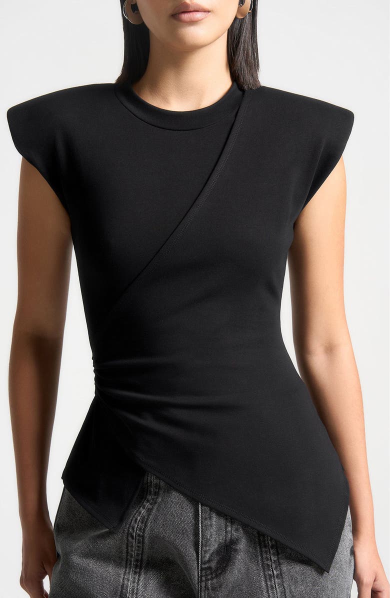 Manière De Voir Wide Shoulder Ruched Waist Top, Main, color, Black