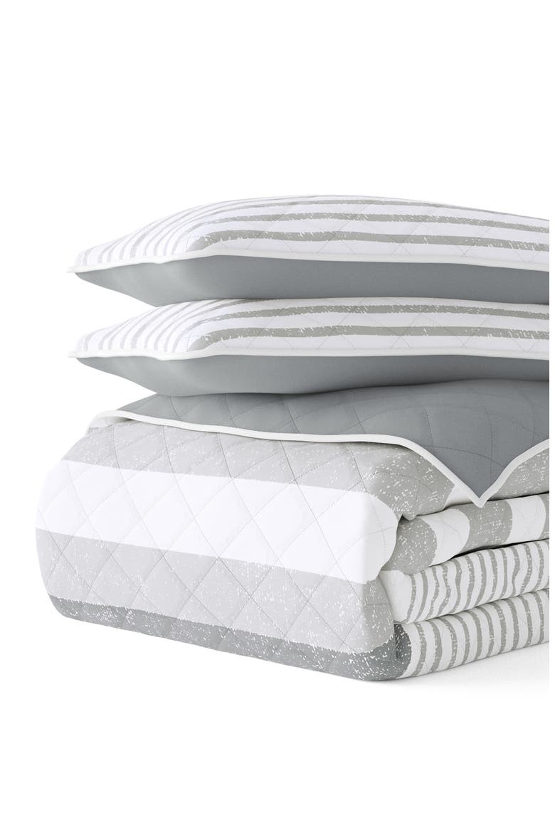 All Season Gray Stripe 3-Piece Down Alternative Reversible Quilt Set, Alternate, color, LIGHT GRAY