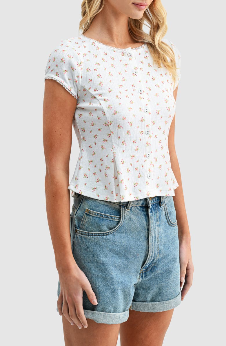 All in Favor Floral Pointelle Stitch Peplum Button-Up Top, Alternate, color, Cream Ditsy