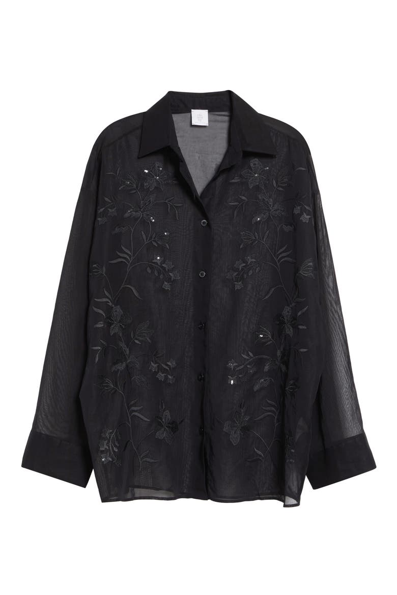 Sequin Embroidered Cotton Gauze Button-Up Shirt, Alternate, color, 22 BLACK