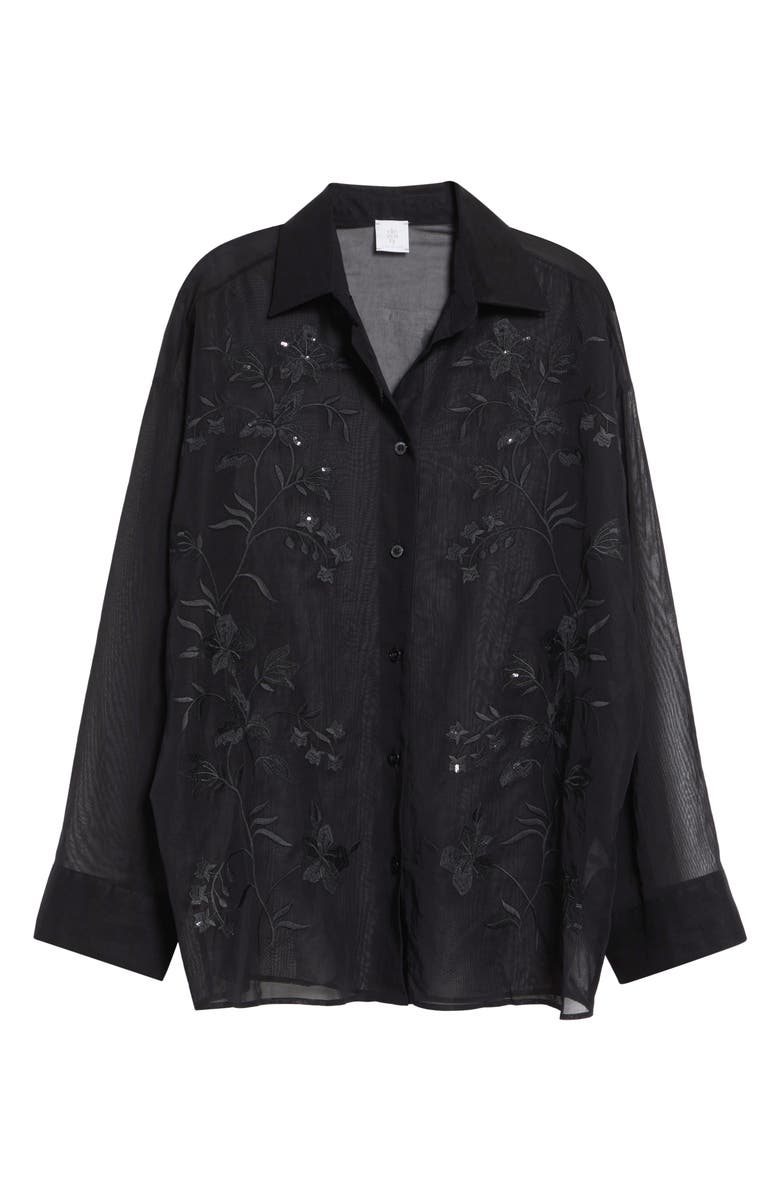 Eleventy Sequin Embroidered Cotton Gauze Button-Up Shirt, Alternate, color, 22 Black