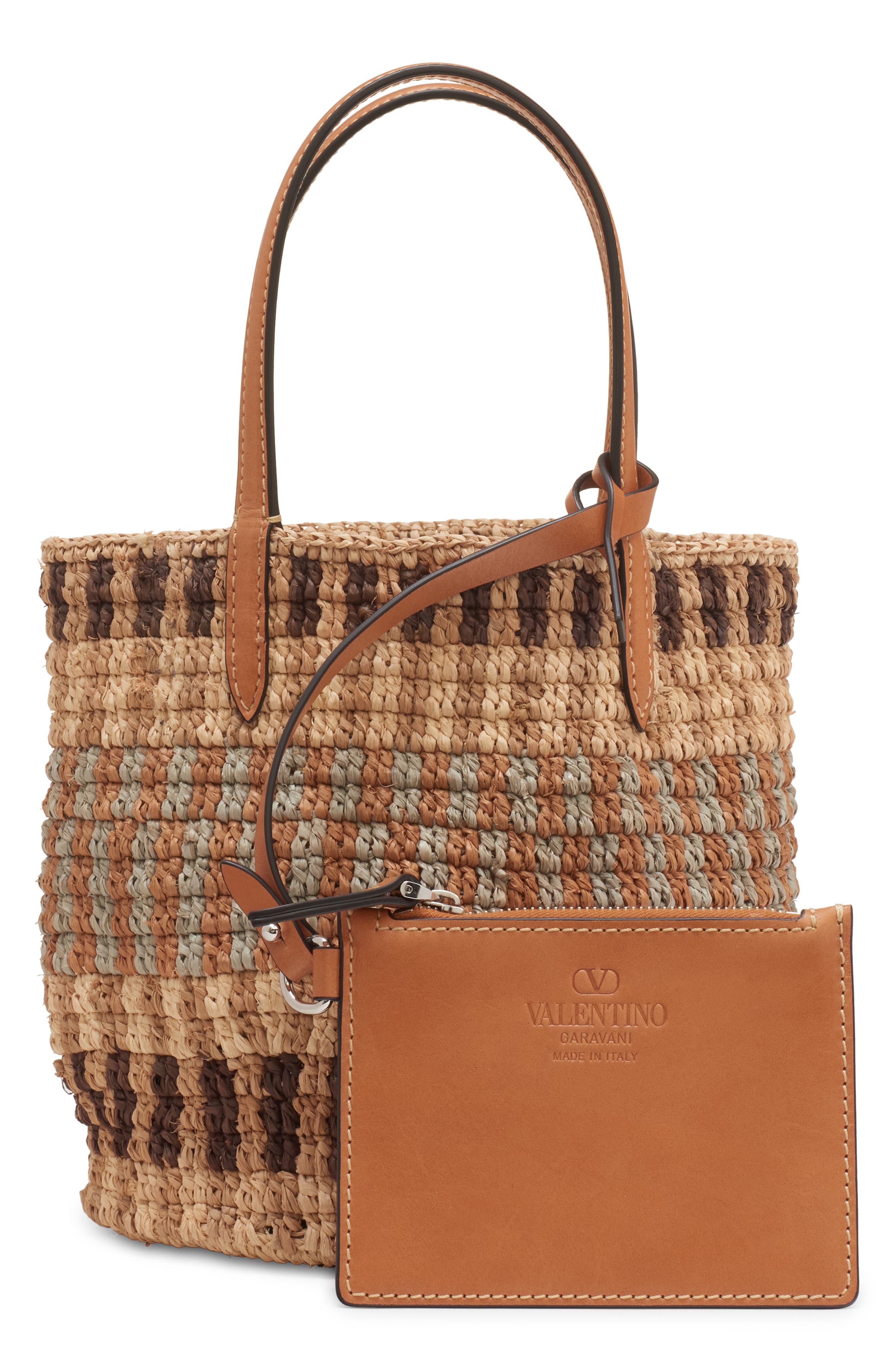 Valentino Garavani Small VLOGO Signature Crocheted Raffia Bucket Bag, Alternate, color, Beige/ Camel/ Selleria