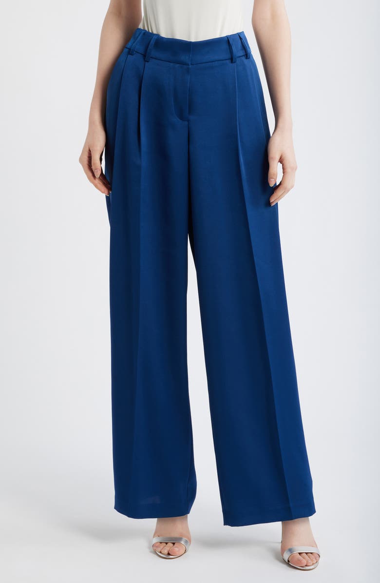 Tahari ASL Pleated Wide Leg Satin Pants, Main, color, Deep River