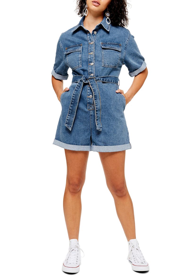 Denim Button-Down Romper, Main, color, MID DENIM