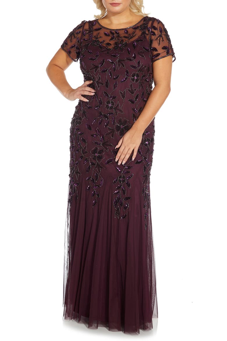 Beaded Floral Godet Gown, Main, color, NIGHT PLUM