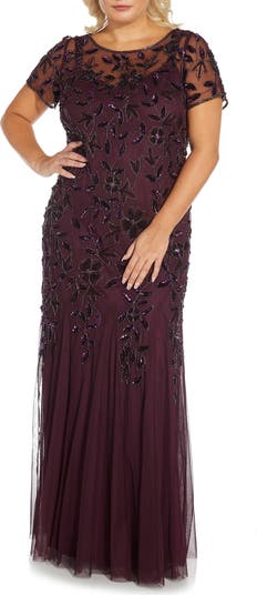 Plus Size Hand Beaded Short Sleeve Floral Godet Gown In Champagne Gold