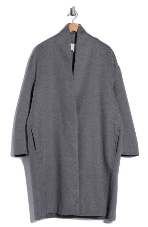 Collarless Wool Blend Longline Coat