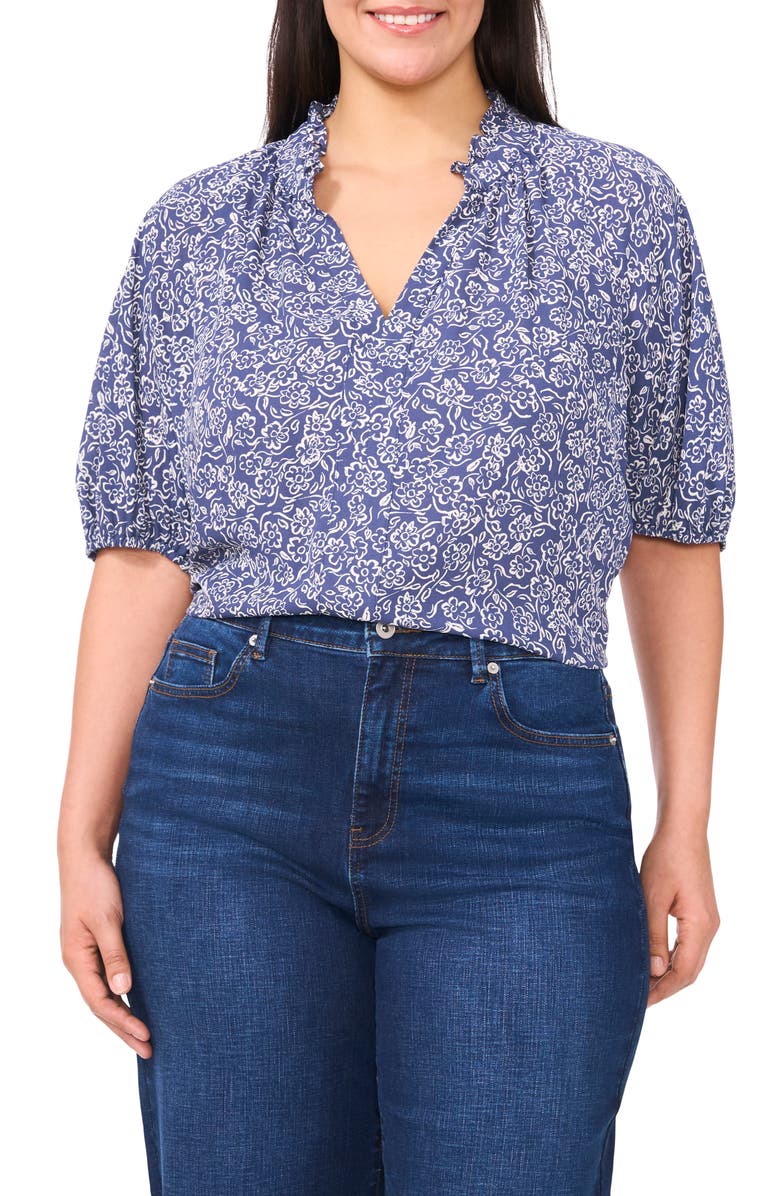 CeCe Ruffle Split Neck Short Sleeve Top, Main, color, Ocean Blue