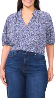 CeCe Ruffle Split Neck Short Sleeve Top