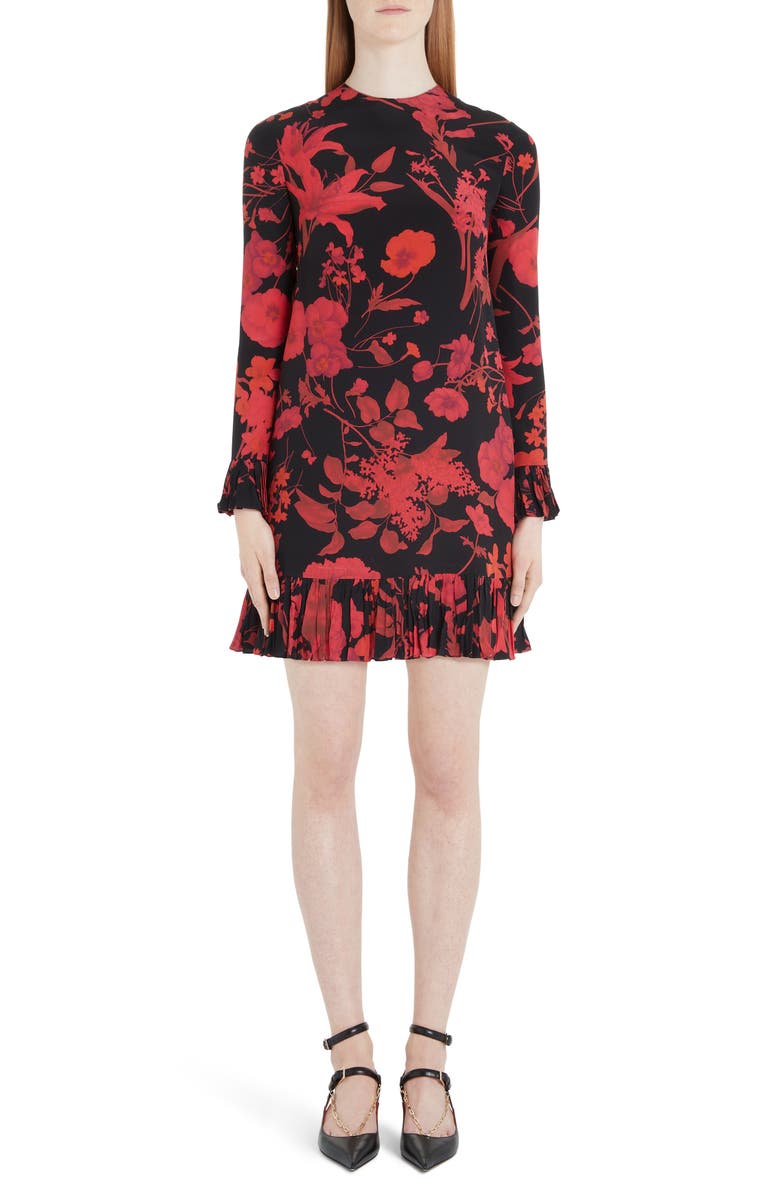 Valentino Floral Long Sleeve Silk Crêpe de Chine Minidress, Main, color, 