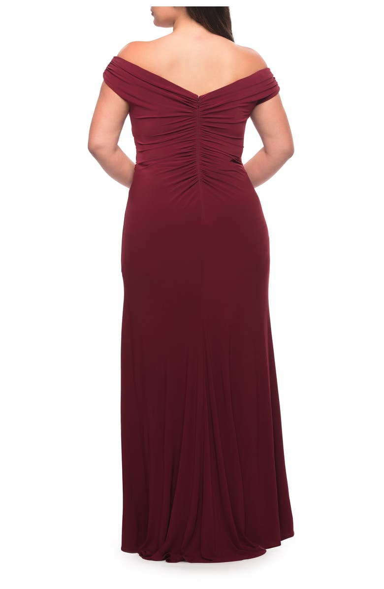 La Femme Matte Jersey Long Plus Dress with Ruching and Slit, Alternate, color, Wine