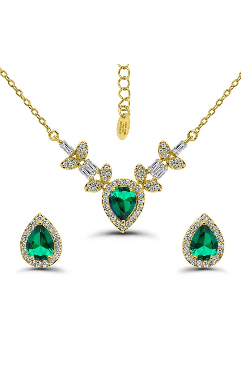 Christian Siriano Pear Cubic Zirconia Necklace & Stud Earrings Set, Main, color, Gold/Green