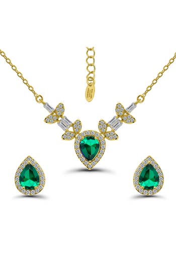 Christian Siriano Pear Cubic Zirconia Necklace & Stud Earrings Set In Green