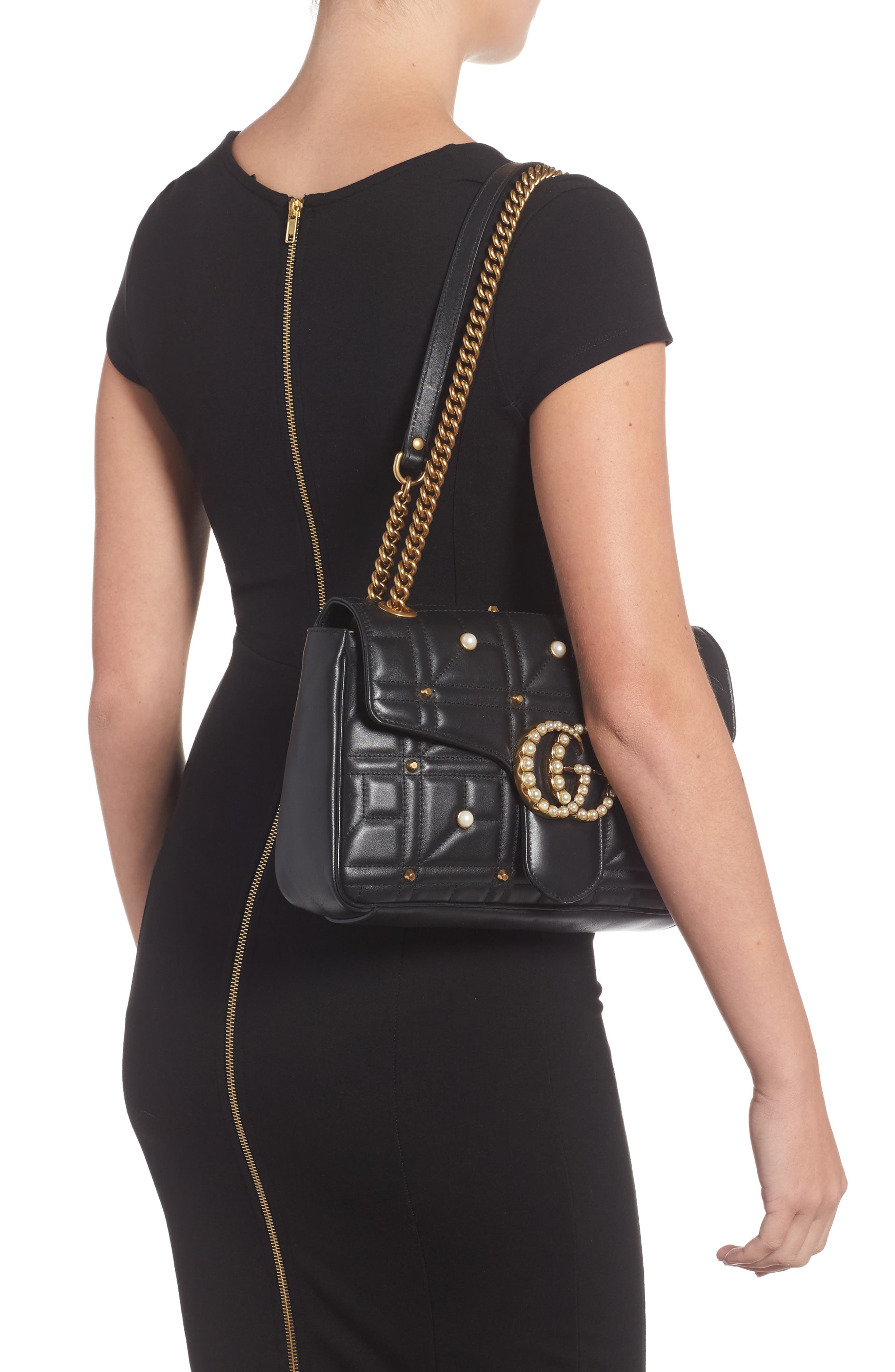 Gucci GG Marmont 2.0 Imitation Pearl Logo Matelassé Leather Shoulder Bag, Alternate, color, 