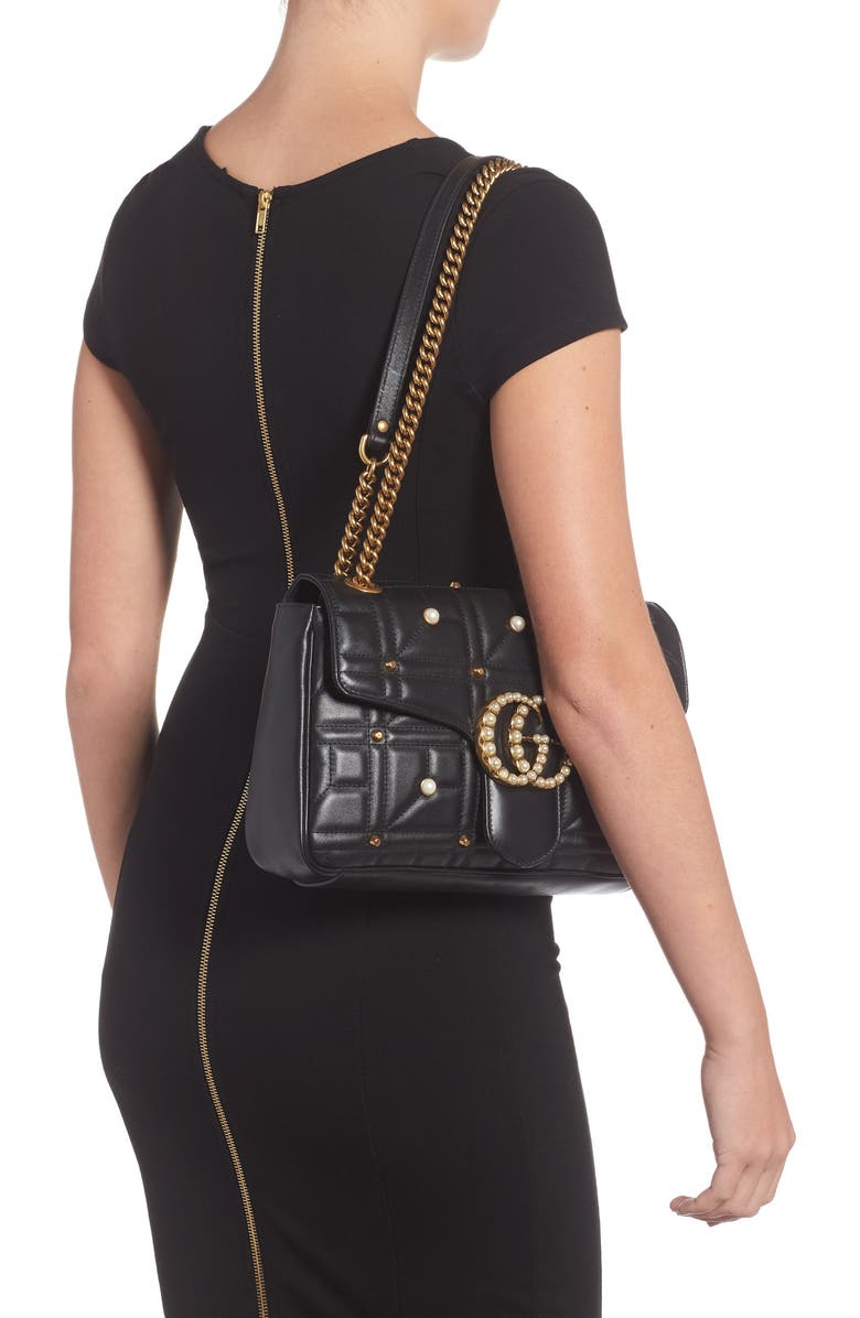 Gucci GG Marmont 2.0 Imitation Pearl Logo Matelassé Leather Shoulder Bag, Alternate, color,