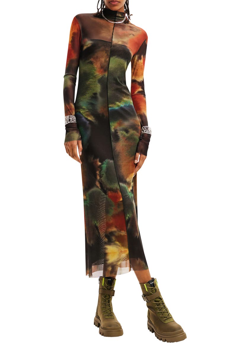 Desigual Watercolor Long Sleeve Tulle Midi Dress, Main, color, Brown