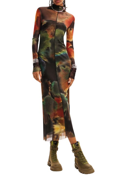 Watercolor Long Sleeve Tulle Midi Dress