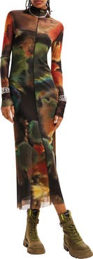 Desigual Watercolor Long Sleeve Tulle Midi Dress