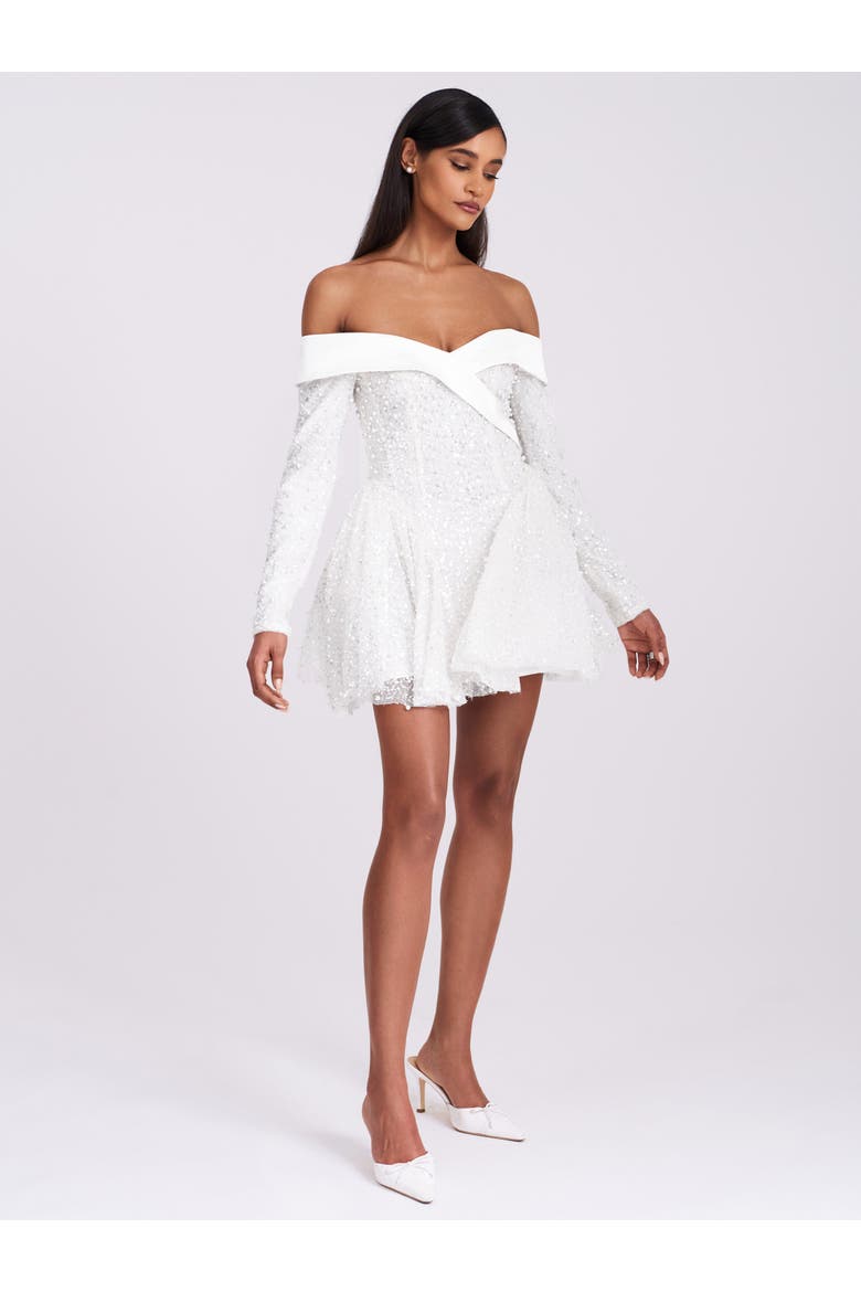 Kira Bead Embroidered Mesh Off Shoulder Long Sleeve Mini Dress, Alternate, color, White