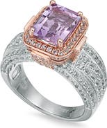 SUZY LEVIAN Two-Tone Emerald Cut Semiprecious Stone & White Topaz Halo Ring