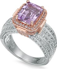SUZY LEVIAN Two-Tone Emerald Cut Semiprecious Stone & White Topaz Halo Ring