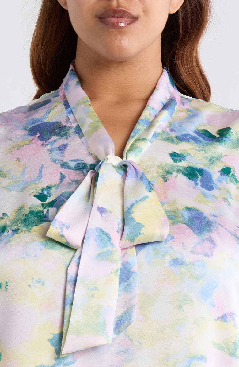 Tahari ASL Abstract Floral Tie Neck Sleeveless Satin Top, Alternate, color, Blush Buttercup