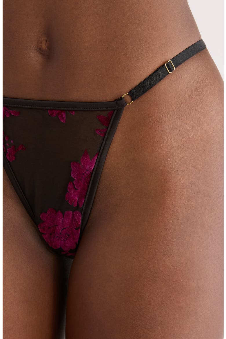 Floral Flocked G-String, Alternate, color, BLACK-BOYSENBERRY