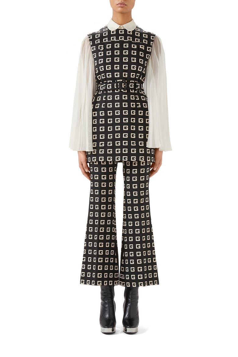 Square-G Logo Print Belted Faille Tunic, Alternate, color, BLACK/ IVORY