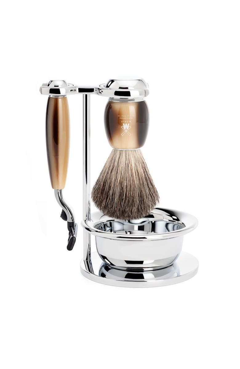 MÜHLE Vivo Brown Horn 4-Piece Pure Badger & Mach-3 Shaving Set, Main, color, Brown Horn
