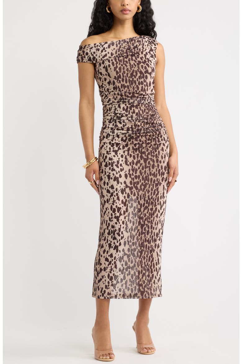 Off the Shoulder Mesh Midi Dress, Main, color, TAN- BROWN C LEOPARD SPOT