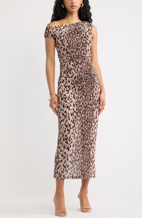 Open Edit Off The Shoulder Mesh Midi Dress In Tan- Brown C Leopard Spot